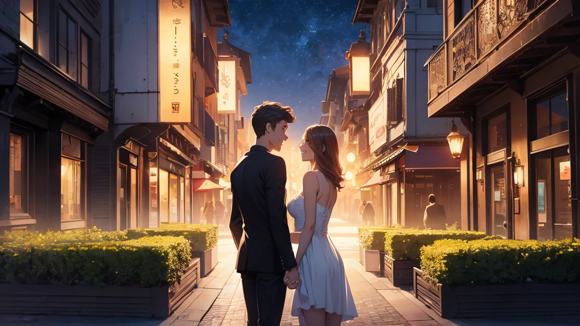 Smiling girlfriend and boyfriend(Back view)An illustration of a couple holding hands on a date at an emotional date spot。, 8K Ultra HD, RAW Photos, Digital Painting, Super detailed, Golden Ratio