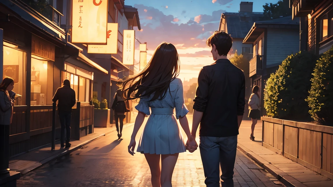 Smiling girlfriend and boyfriend（Back view）An illustration of a couple holding hands on a date at an emotional date spot。, 8K Ultra HD, RAW Photos, Digital Painting, Super detailed, Golden Ratio