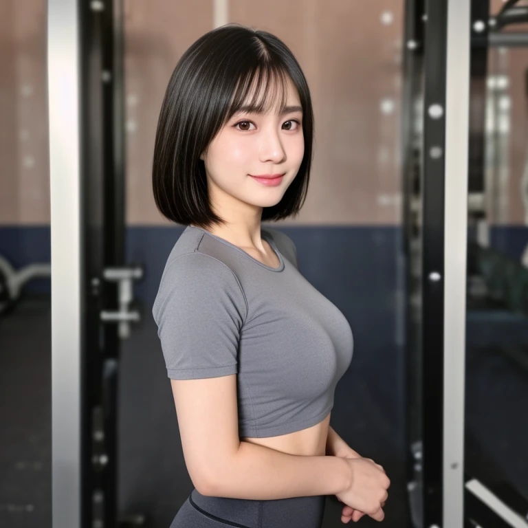 (kawaii 24 year-old Japanese girl, Nogizaka idol, Korean idol), healthy female athlete body, (glossy black hair, short hair, pixie cut, bangs:1.3), (rounded face, pure black eyes, single eyelid, no makeup, soft smile:1.2), (wearing training shirt, grey sports leggings:1.3), extra small breasts, well shaped hip, (slim waist, thigh gap:0.9), BREAK, (sports gym background:1.3), (looking at viewer, bust shot:1.2), view from side, BREAK, (masterpiece, best quality, photo realistic, official art:1.4), (UHD, 8K quality wallpaper, high resolution, raw photo, golden ratio:1.3), (shiny skin), professional lighting, physically based rendering, award winning, (highly detailed skin, extremely detailed face and eyes, anatomically correct body), Carl Zeiss 85 mm F/1.4, depth of field, 1girl, solo,