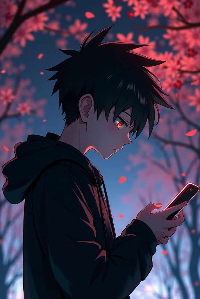 Blossom tree theme , White , black , Blood red colour , dark background , Anime boy , Spiky hair , black hoodie , red eyes , narrowed eye , playing phone , side view
