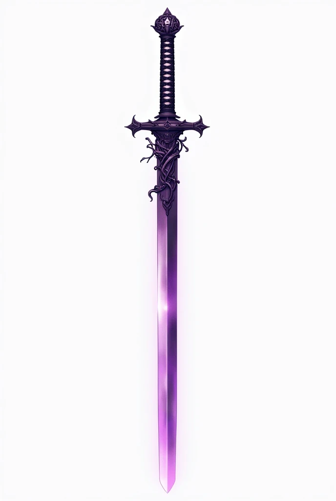 a large katana with its pommel and crossguard intertwined, blade color predominantly purple, style of anime, white background, create with full body, powerless and without any power or effect, 

