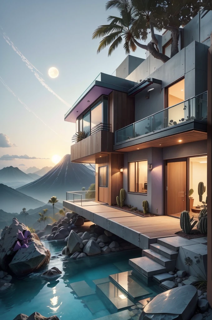 small and beautiful modern house in top of big boulders, terraces, pool, stairs, multiple cacti gardens, palms, trees, rocks, beautiful landscape design, mountains and volcano y background, amazing clouds, sun, moon, planets, milky way galaxy, concrete, wood, glass and steel materials, olive green, violet, orange and withe colors in facade