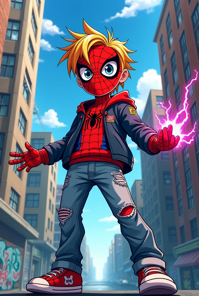 Anime boy with fringe cut and with a power in his hand and who has a Spiderman mask on his entire face and casual clothes 
