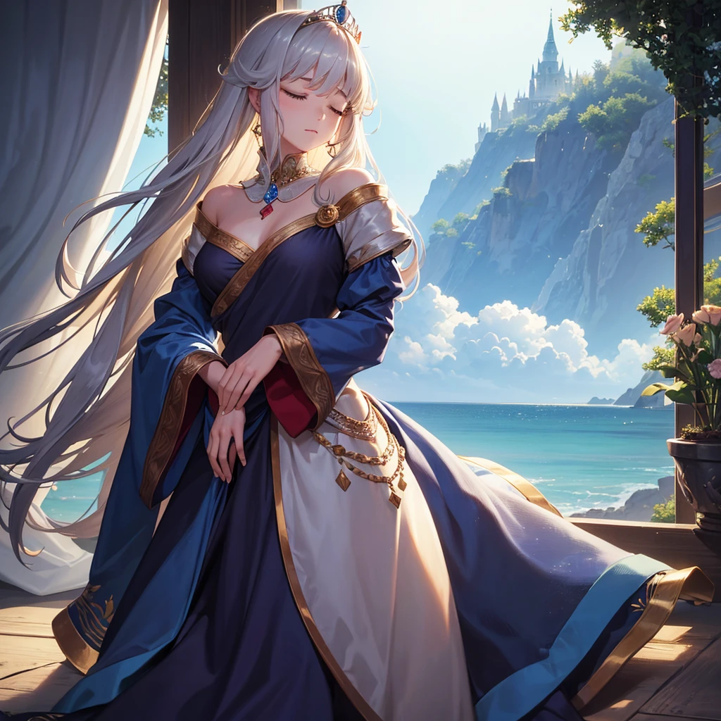 A man sleeping, while a beautiful princess watches him sleep from afar., with a worried look, running his hand through his hair.