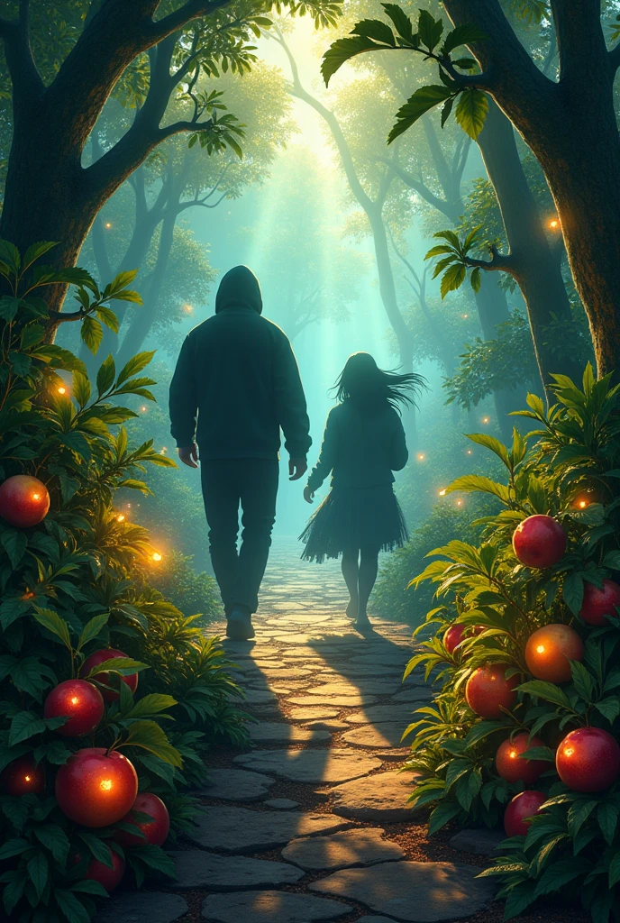 plants born products of magical seeds, fruit apple, uva, mango, cherry, Sandia, guanabanas, two thieves ran away when they saw those plants 