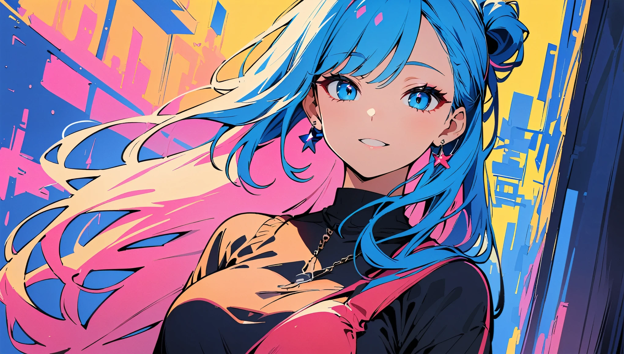 (high quality, 8k, 4K, High Contrast, masterpiece:1.2, 最high quality, Best aesthetics), (Dynamic Angle), ((1 female)), ((Flat Color)), Harajuku Street Style Fashion, Looking at the audience, Upper Body, Transparent Background, High Contrast, Contrasting colors, Cowboy Shot, Pale pink and blue lighting, Long Hair, ((Tied Hair)) ,Big Tits, Blue Hair, Small star-shaped earrings in both ears, watch, bright eyeshadow, R-18