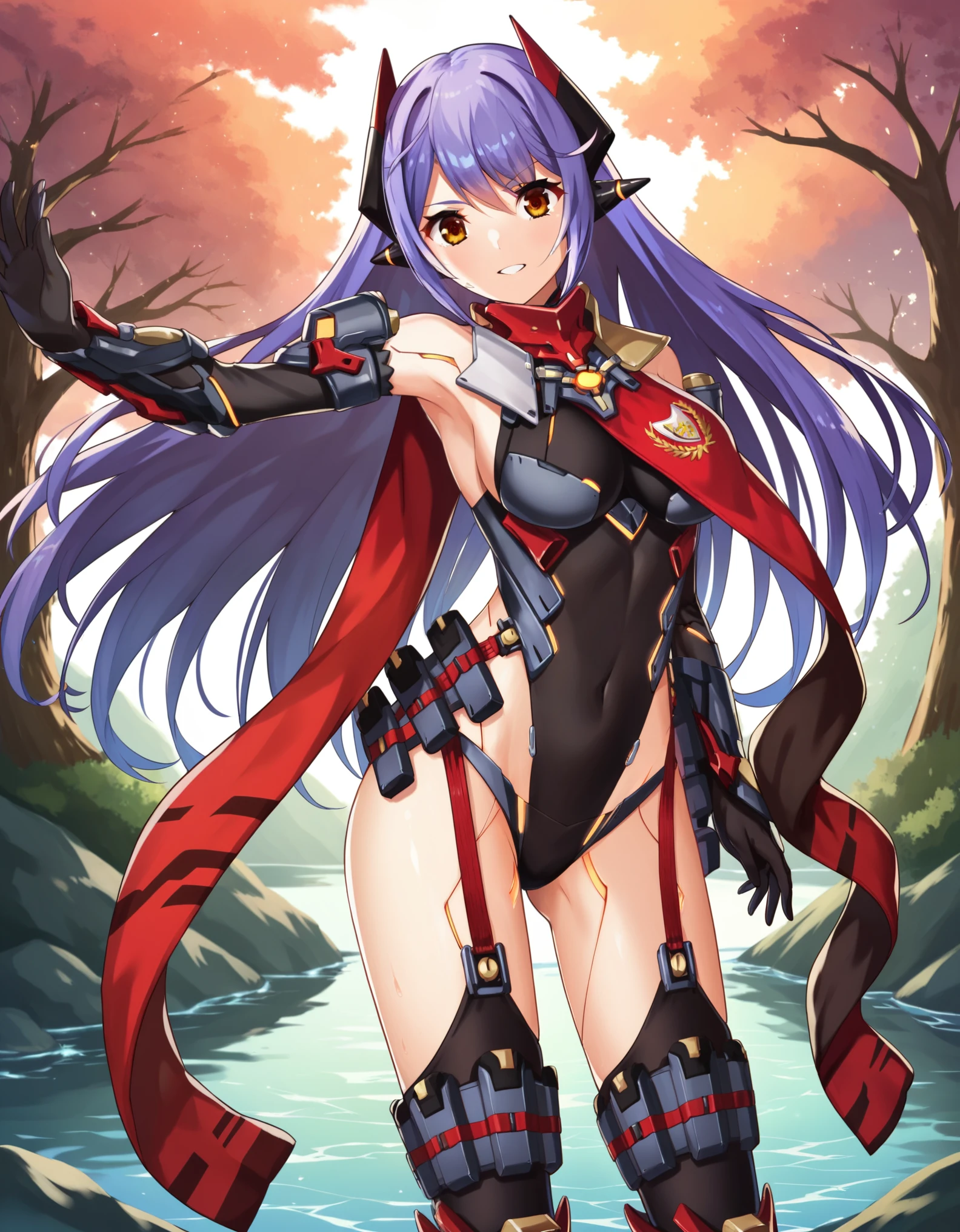 score_8_up, score_7_up, score_6_up, score_5_up, score_4_up, anime screenshot, looking at viewer,
1girl, poppi qtpi (xenoblade), long hair, purple hair, leotard, scarf, robot joints, thighhighs, elbow gloves
BREAK
dynamic_dancing, looking at viewer,
forest_lake_landscape_background,coverdd_navel,open_legs,