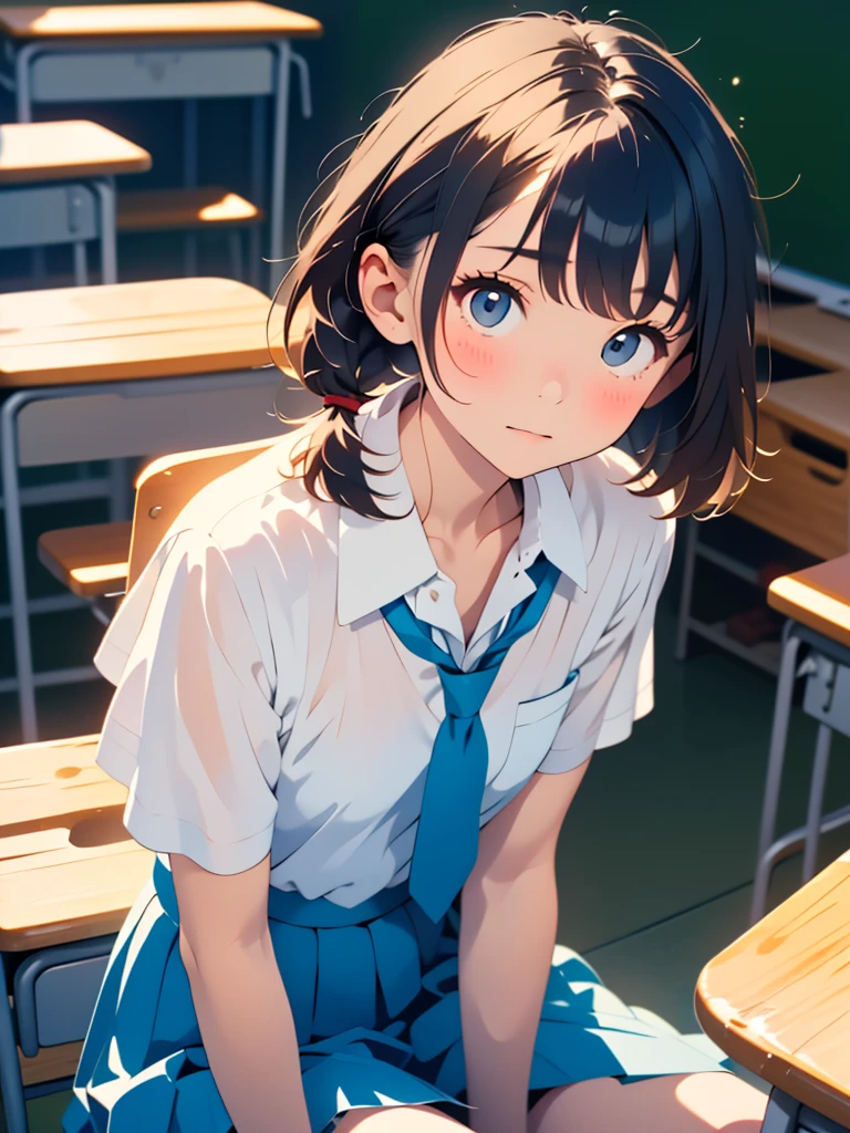 (Tabletop, Highest quality:1.2), 8k, 18-year-old, 85mm, Official Art, RAW Photos, absurdes, White dress shirt, Cute face, close, Upper Body, Viola Lace, Gardenia, beautiful girl, , (Navy Pleated Skirt:1.1), Squeeze the waist, Thighs, Short sleeve, classroom, ponytail、short hair、short hair、sit on bench seat, Looking at the audience, No makeup, (smile:0.4), Film Grain, chromatic aberration, Sharp focus, Face Light, Bright lighting, Teen, Detailed face, Background Blur, (Dark red tie:1.1)、Japanese school classroom、classroom