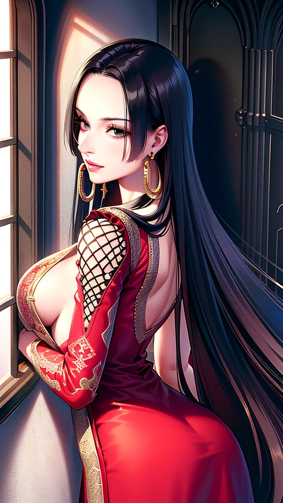 ultra realistic 8k cg, masterpiece, ((ultra detailed background, delicate pattern, intricate details, beautiful legs, highly detailed, best quality fine details, hyper detailed face)), (photorealistic: 1.4), beautiful lighting, absurdities, photo RAW, film grain, BoaHancockV2, 1girl, solo, black hair, long hair, jewelry, closed mouth, (((average breasts, skinny girl))), (long red dress with low cut, denim earrings, black eyes, complex detailed background , inside, castle room environment, medieval castle, gray walls, window, bookcase), ((close-up, portrait)),