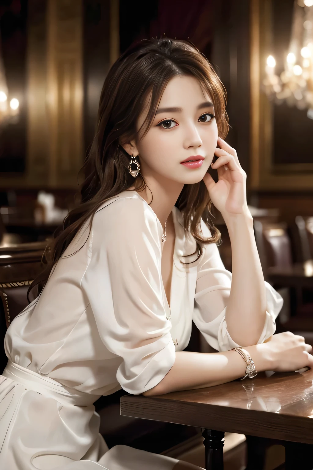 masterpiece, Highest quality, Realistic, Very detailed, Finer details, High resolution, 8k wallpaper, One beautiful woman, Wearing an elegant white sheer shirt, In a great restaurant, At night, Light brown messy hair, Perfect dynamic composition, Beautiful and beautiful eyes、Big earrings、Sitting in a chair、