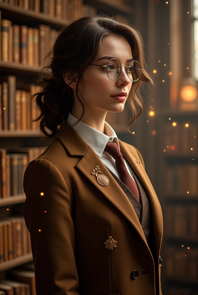 Sonata Dusk as albus dumbledore Young
jude law female with brown suit and brown necktie