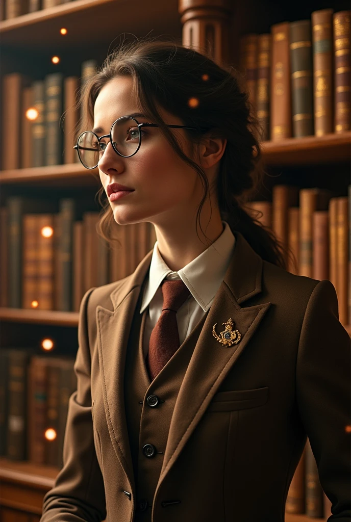 Sonata Dusk as albus dumbledore Young
jude law female with brown suit and brown necktie