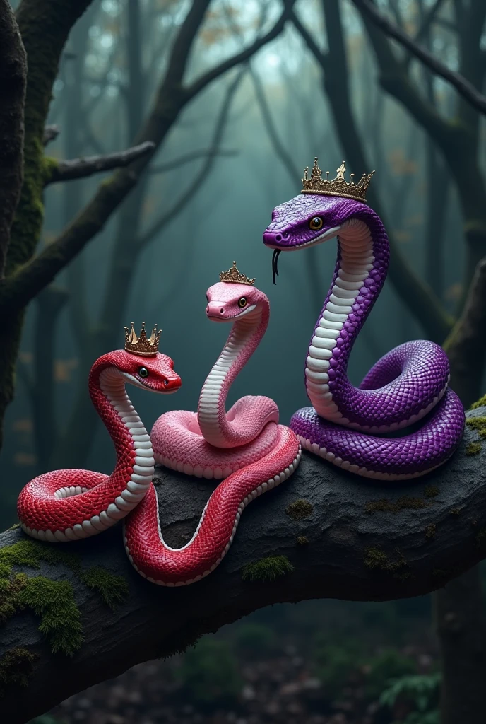 three snakes together like Regina, Karen and Gretchen from MEAN GIRLS.
first snake a mamba, with fire red white and black color, and a small crown with an gressive pose.
second snake a viper, with baby pink color, and a soft princess tiara with a cute pose.
third snake a rattlesnake, with deep bright purple color, with a QUEEN crown wiith a hypnotizing pose.
All Together in a black forest, all three snakes spitting acid venom.