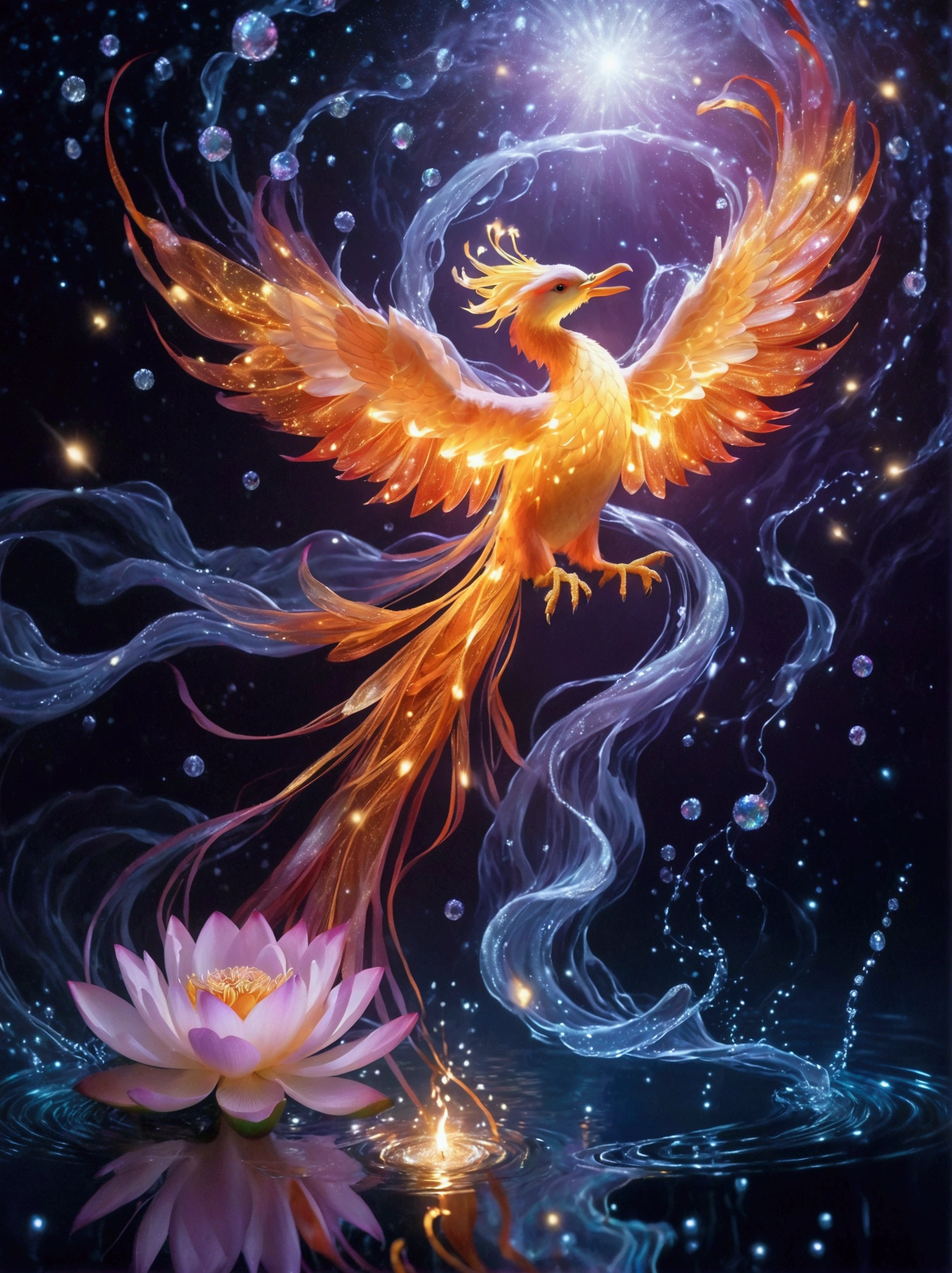 In the light purple background, a flaming phoenix rushes into the air, a circle of starlight forms an arc above it, a translucent lotus flower on the water directly below the flaming phoenix, the water has circular ripples, in front of the picture, glittering diamonds float in space, high definition, fine details, bright colors, The dynamic composition of the photographic style creates a dreamlike atmosphere, bright lights illuminate delicate textures, and low-angle shots highlight curves.