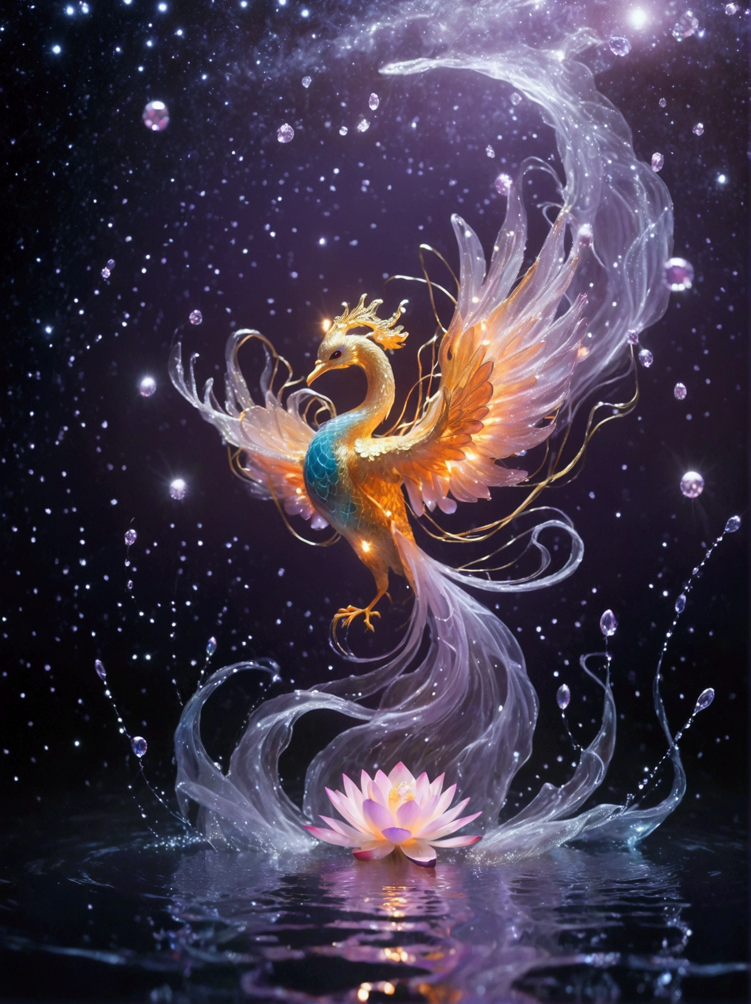 In the light purple background, a flaming phoenix rushes into the air, a circle of starlight forms an arc above it, a translucent lotus flower on the water directly below the flaming phoenix, the water has circular ripples, in front of the picture, glittering diamonds float in space, high definition, fine details, bright colors, The dynamic composition of the photographic style creates a dreamlike atmosphere, bright lights illuminate delicate textures, and low-angle shots highlight curves.