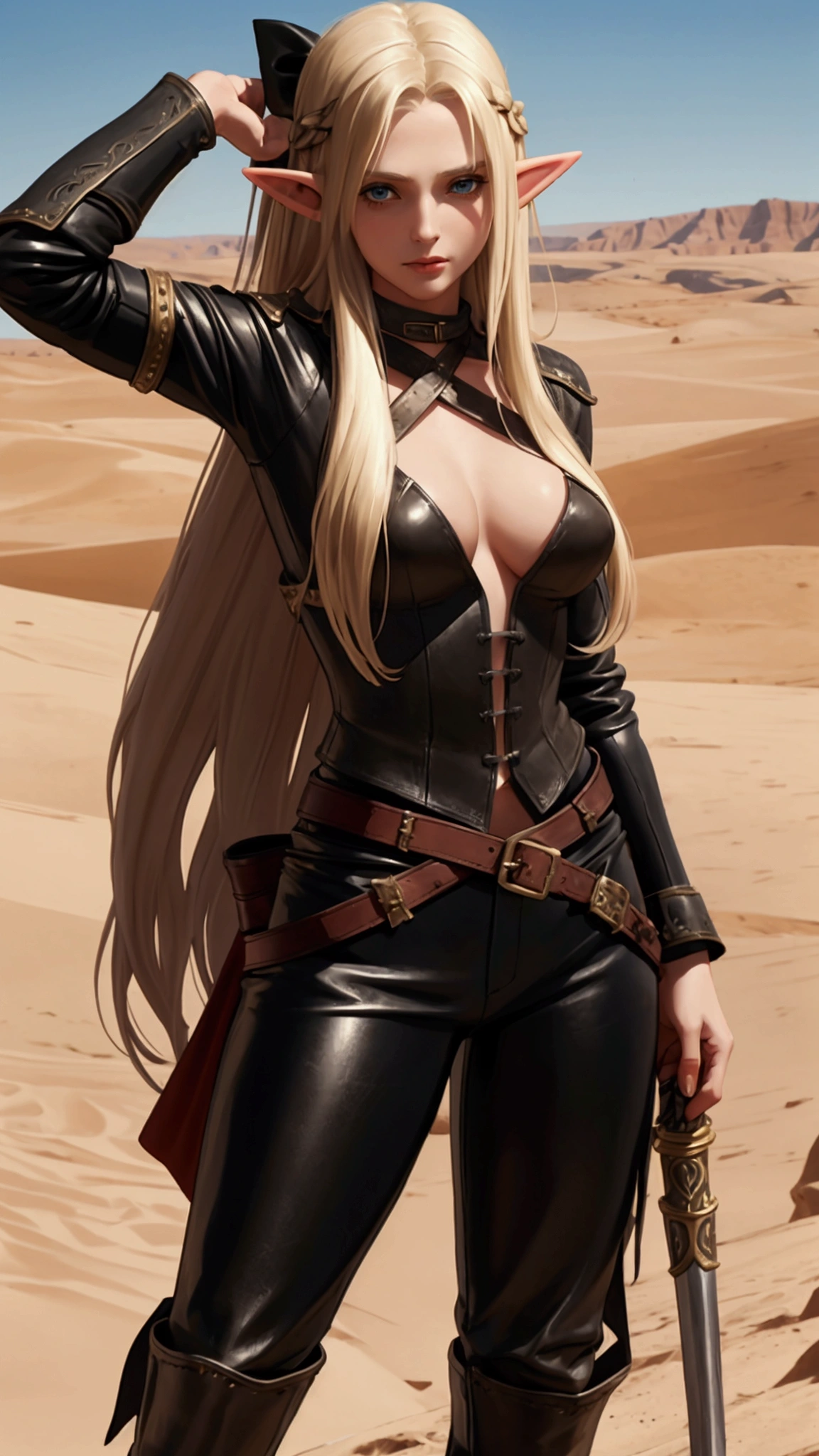 Young elf woman, Long straight blonde hair, wearing leather chest and leather pants, medieval clothes, wielding a bow, in a desert, best qualityer, high fantasy.