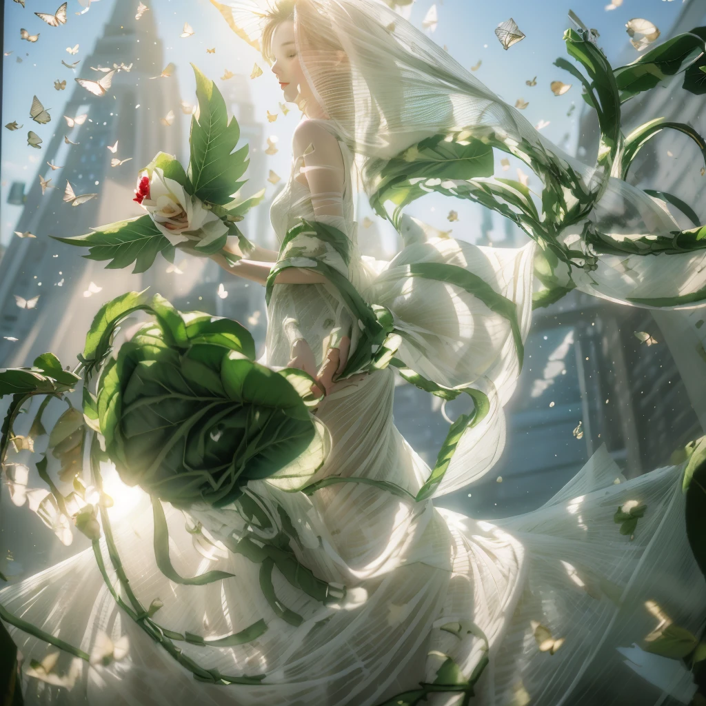 (Beautiful and bright girl:1.2),(Black Hair:1.1),Wearing a white wedding dress,happiness,smile,vitality,
white butterfly,(Red rose vine:1.2),(fresh green plants:1.1),Gentle sunlight,(masterpiece:1,2), Highest quality, masterpiece, High resolution, original, Highly detailed wallpaper, Perfect lighting,(Highly detailed CG:1.2ï¼‰