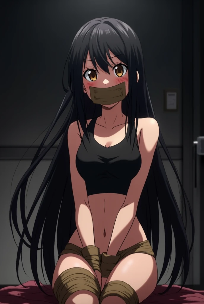 An anime girl with long black hair, not tied up, sitting, wearing a black crop top with her stomach showing. She has a brown rectangular bandage wrapped around her mouth, her hands are tied behind her back with a brown bandage, her leg is tied to her body with a bandage, she has flushed cheeks, and her chest is tied with string.