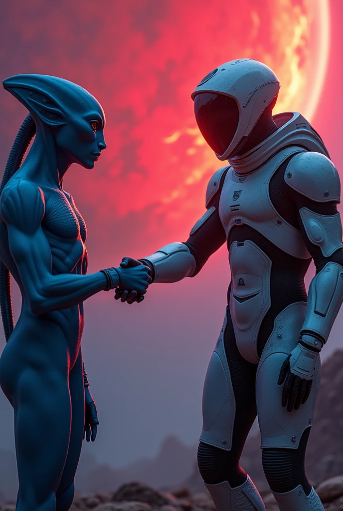 (A human man in a spacesuit shakes hands with a blue alien creature),(In the background is a mysterious red glowing planet),Breathtaking and magnificent space image scenes.,The scene is highly-detailed,Clarity is extraordinary,Every intricate detail of the panorama is captured,((tmasterpiece)),((best qualtiy)),8K,high detal,((Masterpiece)), (Best quality)),