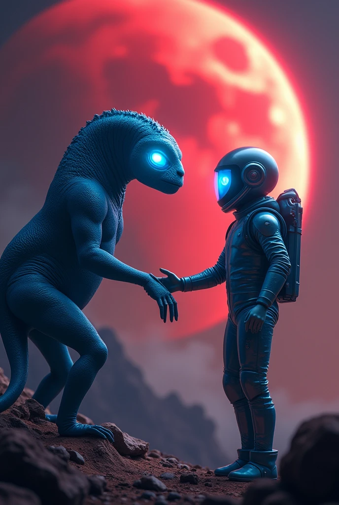 (A human man in a spacesuit shakes hands with a blue alien creature),(In the background is a mysterious red glowing planet),Breathtaking and magnificent space image scenes.,The scene is highly-detailed,Clarity is extraordinary,Every intricate detail of the panorama is captured,((tmasterpiece)),((best qualtiy)),8K,high detal,((Masterpiece)), (Best quality)),