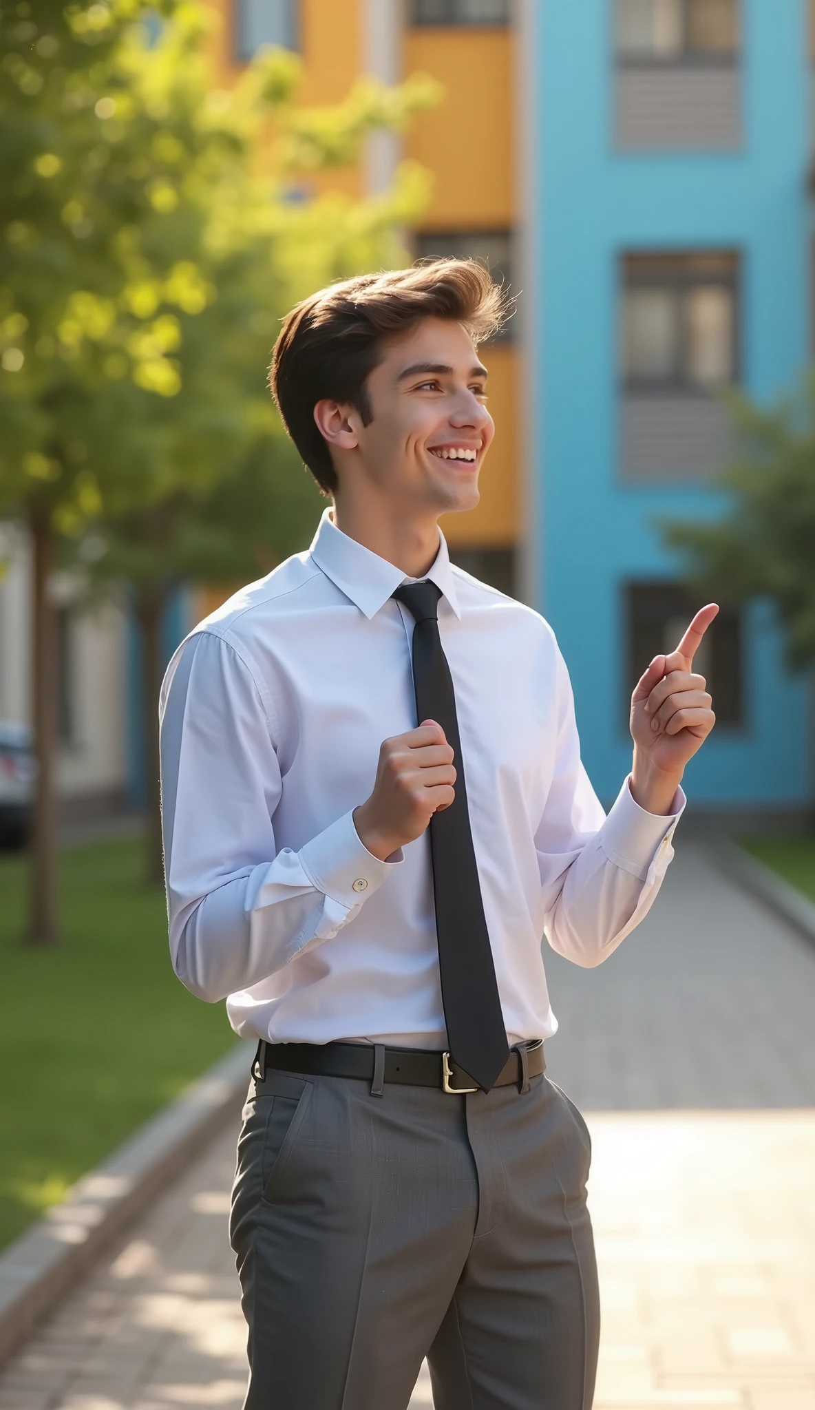 male student wearing a long-sleeved shirt, hands at the sides, black tie, Gray pants, standing in a schoolyard in hd, looking to the side with a big smile, pointing to the right, In the foreground