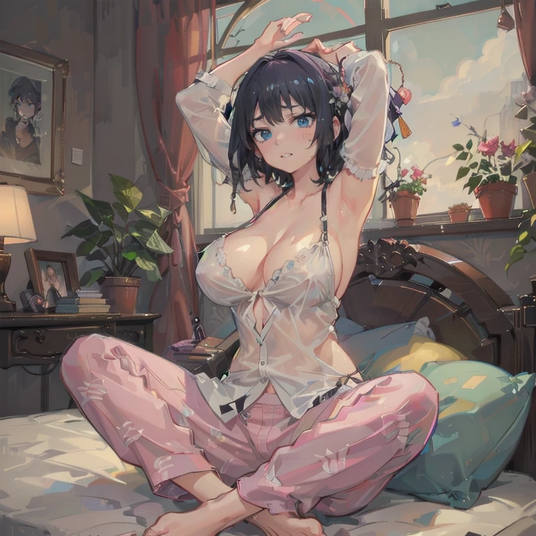 Anime Kawaii sexy Perfect Slim sensual body large breast and huge thighs, An intricate and highly detailed illustration of anime ( girl) (masterpiece:1.2), Detailed fingers, Beautiful woman, Sitting on the bed, She is wearing a loose off-the-shoulder top., Pajama pants, Short Curly Hair, indoor, Soft lighting, Background plants, Window with sunlight, Cozy rooms, Relaxed pose, Intricate details, Warm colors, Japanese schoo stretching arms upwards, yawn loudly
