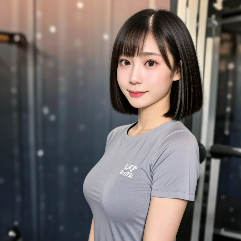 (kawaii 24 year-old Japanese girl, Nogizaka idol, Korean idol), healthy female athlete body, (glossy black hair, short hair, pixie cut, bangs:1.3), (rounded face, pure black eyes, single eyelid, no makeup, soft smile:1.2), (wearing training shirt, grey sports leggings:1.3), extra small breasts, well shaped hip, (slim waist, thigh gap:0.9), BREAK, (sports gym background:1.3), (looking at viewer, bust shot:1.2), view from side, BREAK, (masterpiece, best quality, photo realistic, official art:1.4), (UHD, 8K quality wallpaper, high resolution, raw photo, golden ratio:1.3), (shiny skin), professional lighting, physically based rendering, award winning, (highly detailed skin, extremely detailed face and eyes, anatomically correct body), Carl Zeiss 85 mm F/1.4, depth of field, 1girl, solo,