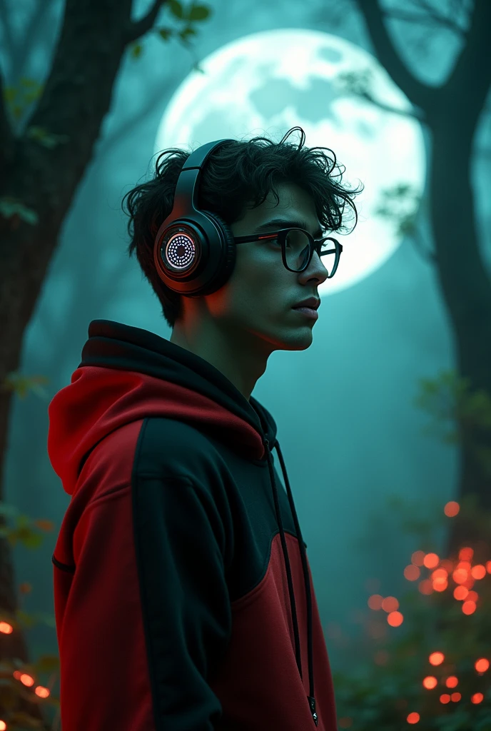 Create a night elf wearing a red and black hooded sweatshirt, with glasses and gamer headphones, male.