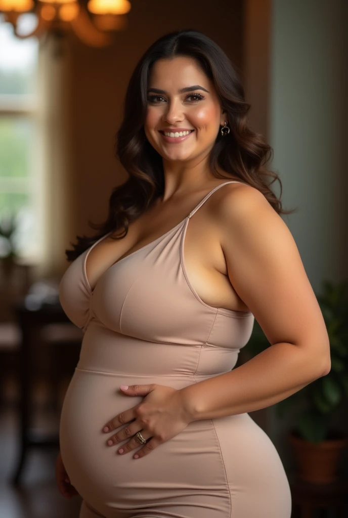 image of a woman with a voluptuous figure, highlighting her prominent and rounded bust, with big and firm breasts. Her torso is curvaceous, with a defined waist and a silhouette that emphasizes her femininity. Her face is radiant, with a confident smile and a secure gaze. She has an elegant and sophisticated appearance, with a posture that reflects confidence and self-assurance.
