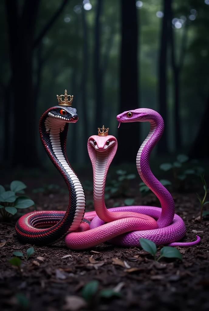 three snakes together like Regina, Karen and Gretchen from MEAN GIRLS.
first snake a mamba, with fire red white and black color, and a small crown with an gressive pose.
second snake a viper, with baby pink color, and a soft princess tiara with a cute pose.
third snake a rattlesnake, with deep bright purple color, with a QUEEN crown wiith a hypnotizing pose.
All Together in a black forest, all three snakes spitting acid venom.
