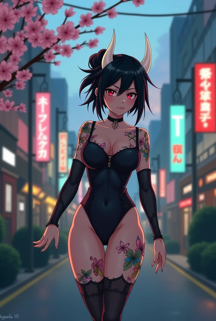 anime mommy with messy black hair tied up, 2 white horns, sexy bodysuit, butterfly tattoo and Japanese letters on thighs, red eyes and perverted face, No sleeves on the shoulders just on the arms