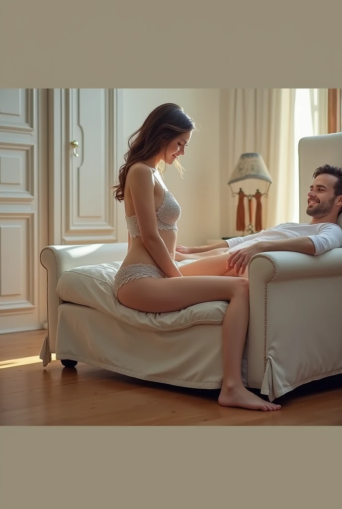 A beautiful with her legs open and without underwear sitting on the legs of a 40-year-old man in a hotel room
