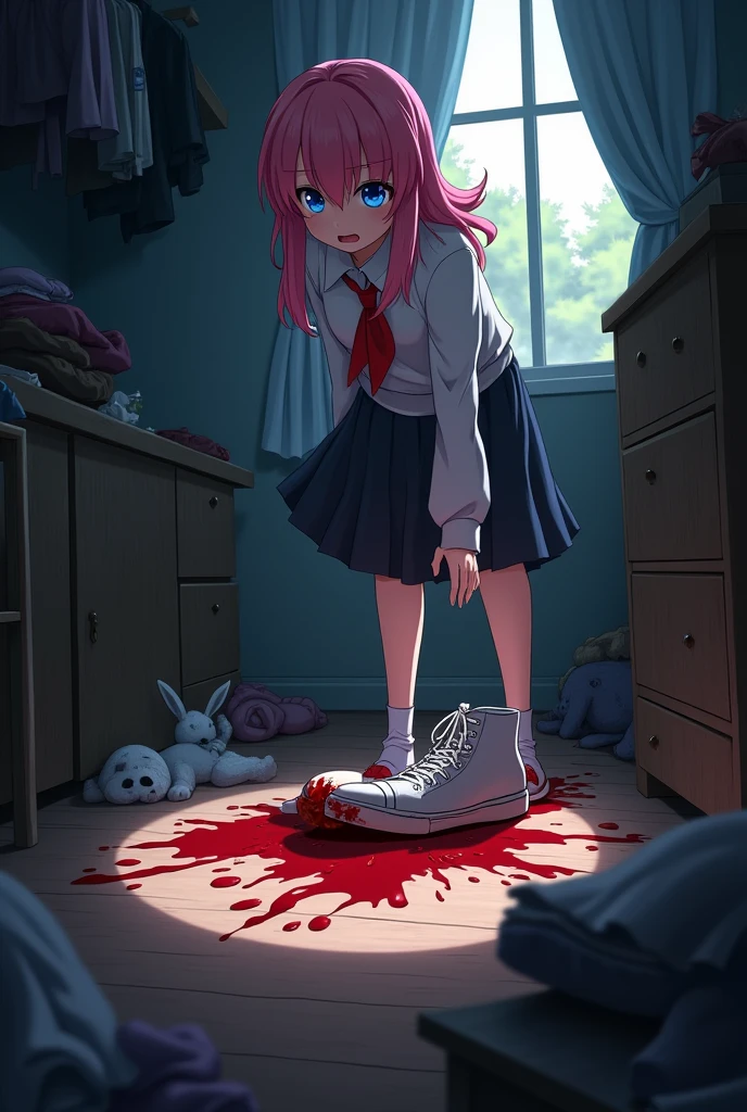 An anime girl with a rabbit on the floor, she stepping on its head in her room with blood on the floor. She has a disgusted expression, her shoe is covered in blood and the rabbit is dead. Her hair is pink and her eyes are blue.