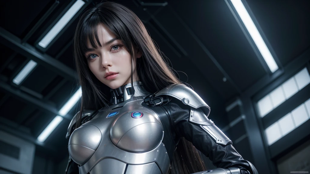 best qualityer, high détail, 4K, ten mens, robot girl, Android Face(metals), Steel & Titanium Leather, robotic face(With ten mens Features), cybernetic eyes(Circle of hard eyes, Clear Eye Pupil), 1 girl, formal, perfect hands(5 fingers), wig(Fake hair), breasts big, bionic armor, Full length, all-body, Masterpiece Body,