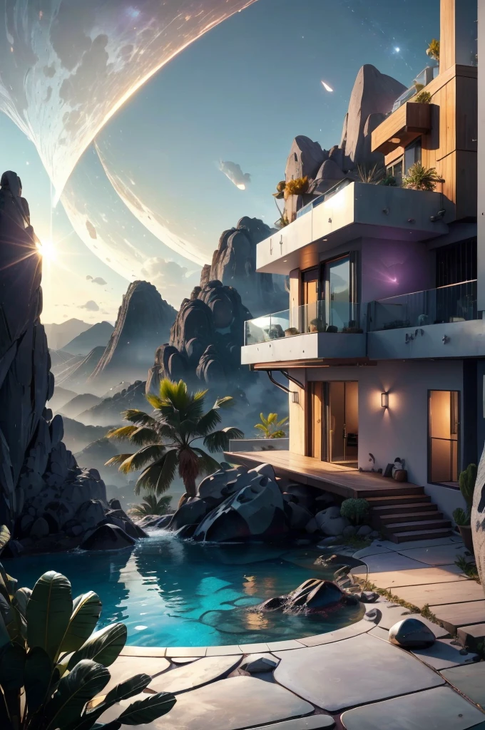 small and beautiful modern house in top of big boulders, terraces, pool, stairs, multiple cacti gardens, palms, trees, rocks, beautiful landscape design, mountains and volcano y background, amazing clouds, sun, moon, planets, milky way galaxy, concrete, wood, glass and steel materials, olive green, violet, orange and withe colors in facade