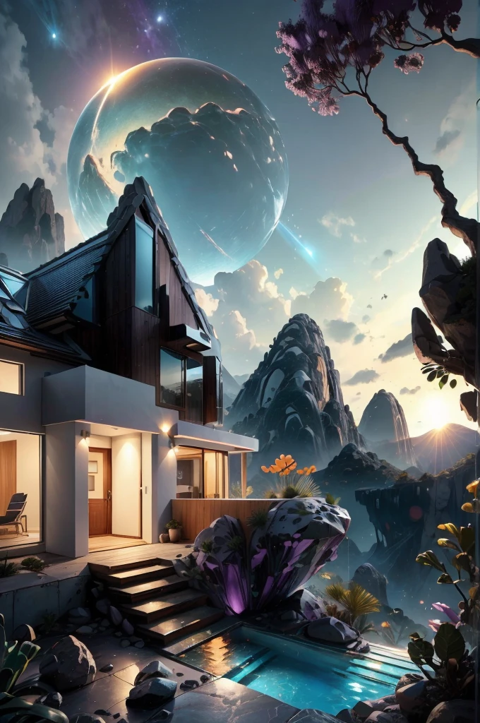 small and beautiful modern house in top of big boulders, terraces, pool, stairs, multiple cacti gardens, palms, trees, rocks, beautiful landscape design, mountains and volcano y background, amazing clouds, sun, moon, planets, milky way galaxy, concrete, wood, glass and steel materials, olive green, violet, orange and withe colors in facade