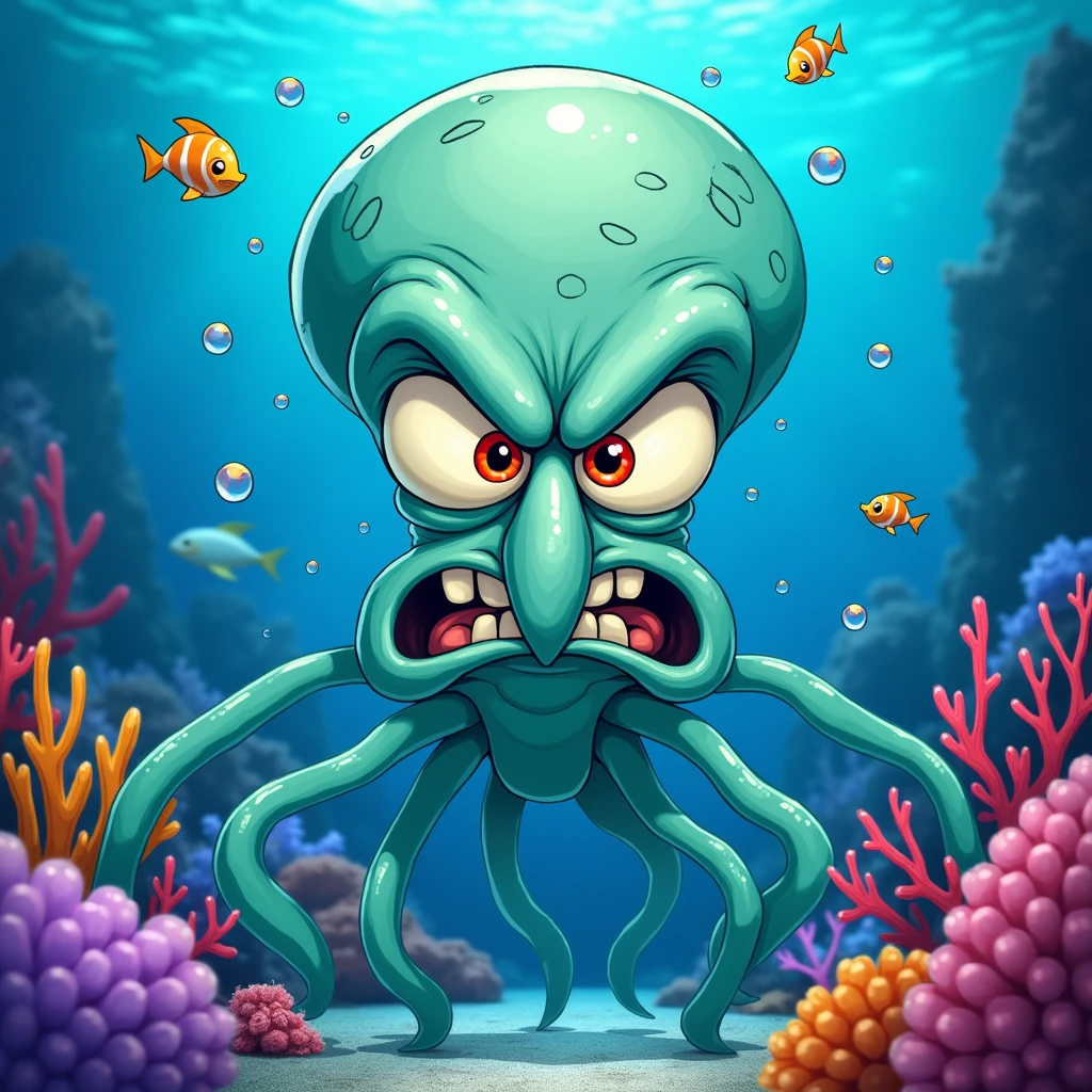 Draw Squidward Tentacles angry looking at the viewer, under the sea