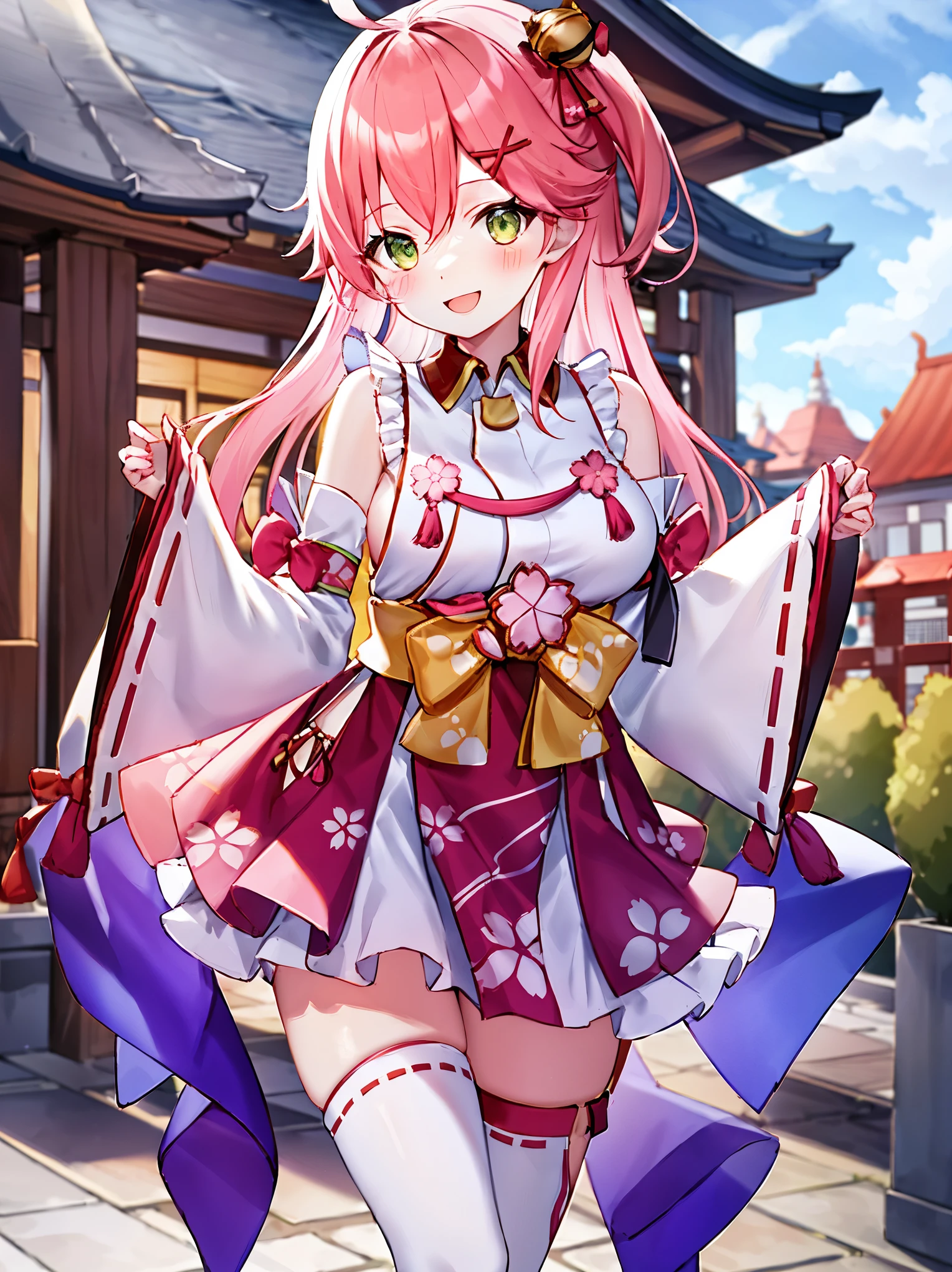 masterpiece, best quality, highres, miko1, sakura_miko, 1girl, big_boobs, solo, ahoge, x_hair_ornament, pink_hair, floral print, hairclip,(side_less_clothes:1.5), (side_boobs:1.5), hair_bell, floral print, long_hair, hair between eyes, one side up, white thighhighs, asymmetrical legwear, wide sleeves, open_mouth,(happy:1.3),gleen_eyes,big_smile,(rise_leg:1.3),plump,apart_legs,(overly_long_sleeves:1.3),),sleeves_past_wrists,hands_hidden_sleeves,sidelock_clothes,dynamic_posing,solo,hidden_wrists,(XD:1.4),covered_nipples,sunlight,cherryblossom_temple_landscape_background,