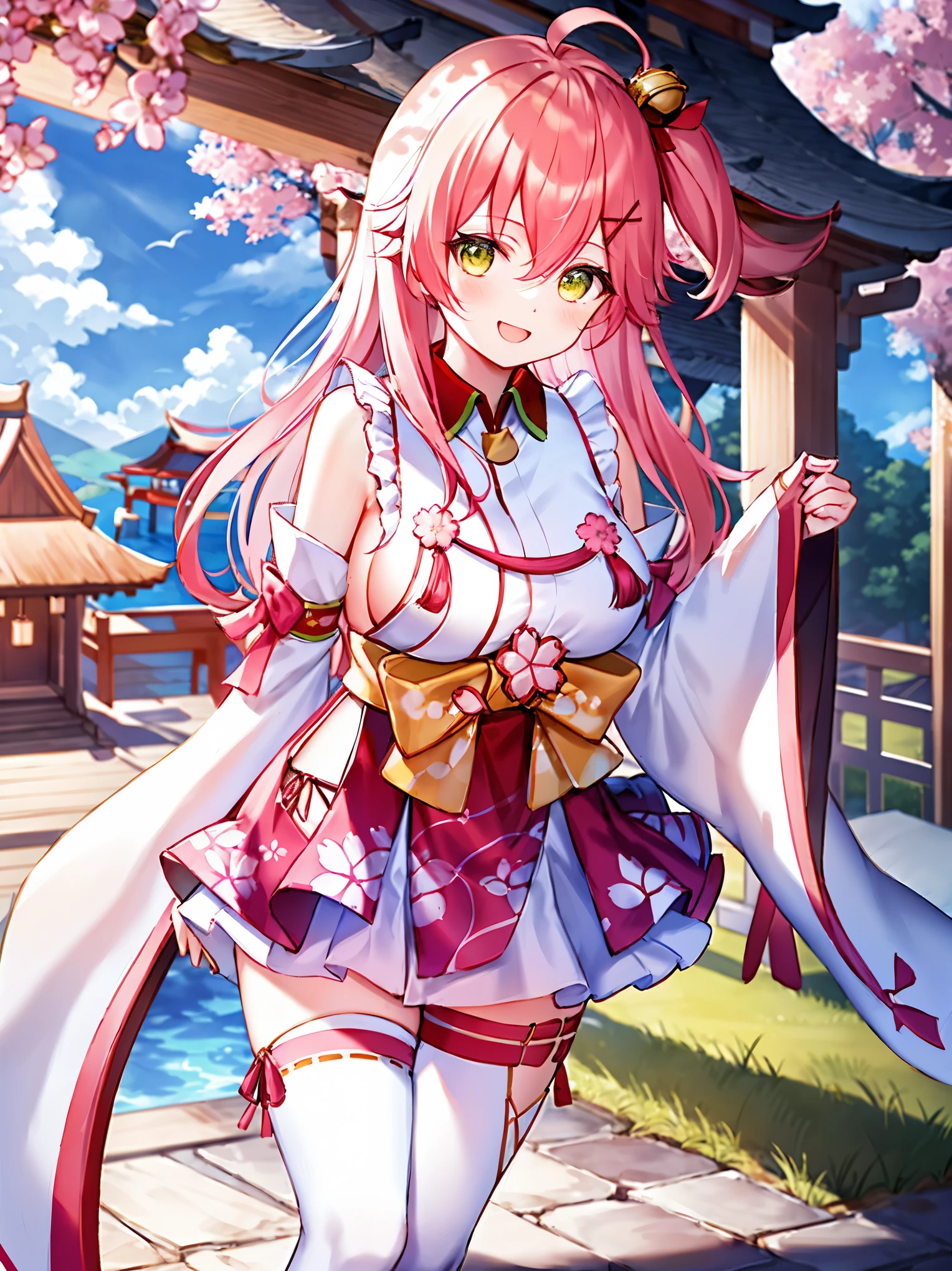masterpiece, best quality, highres, miko1, sakura_miko, 1girl, big_boobs, solo, ahoge, x_hair_ornament, pink_hair, floral print, hairclip,(side_less_clothes:1.5), (side_boobs:1.5), hair_bell, floral print, long_hair, hair between eyes, one side up, white thighhighs, asymmetrical legwear, wide sleeves, open_mouth,(happy:1.3),gleen_eyes,big_smile,(rise_leg:1.3),plump,apart_legs,(overly_long_sleeves:1.3),),sleeves_past_wrists,hands_hidden_sleeves,sidelock_clothes,dynamic_posing,solo,hidden_wrists,(XD:1.4),covered_nipples,sunlight,cherryblossom_temple_landscape_background,