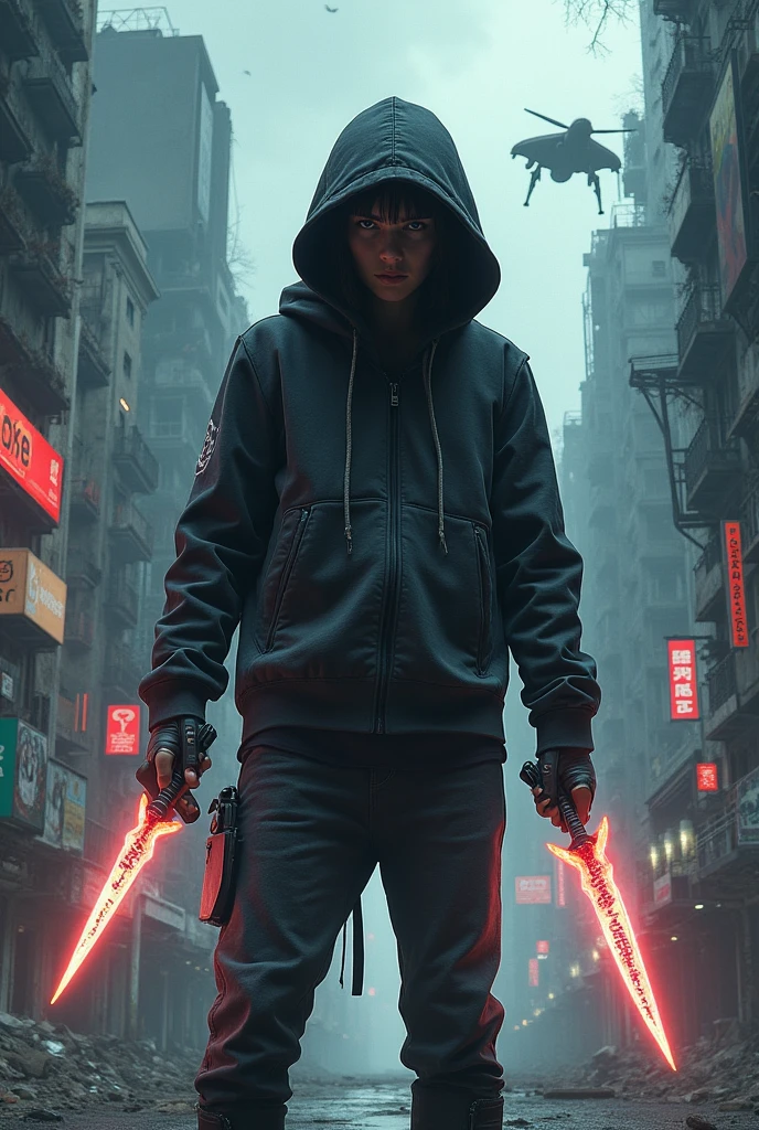 Hooded teenager with two weapons in the future