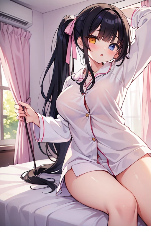 (masterpiece, top quality, super high quality, super high detail, beautiful hair, beautiful eyes, perfect face), girl's room, pretty white based room, morning sun coming through the window, white lace curtains, not wooden room, short twintails hair, black hair, very baby face, droopy eyes, heterochromia, pink eye, orange eye, very huge breasts, 145cm tall girl wearing only large pajamas and nothing on the bottom half of her body, sitting on the bed with one eye closed and one arm up in the air, yawning loudly while stretching big and tall