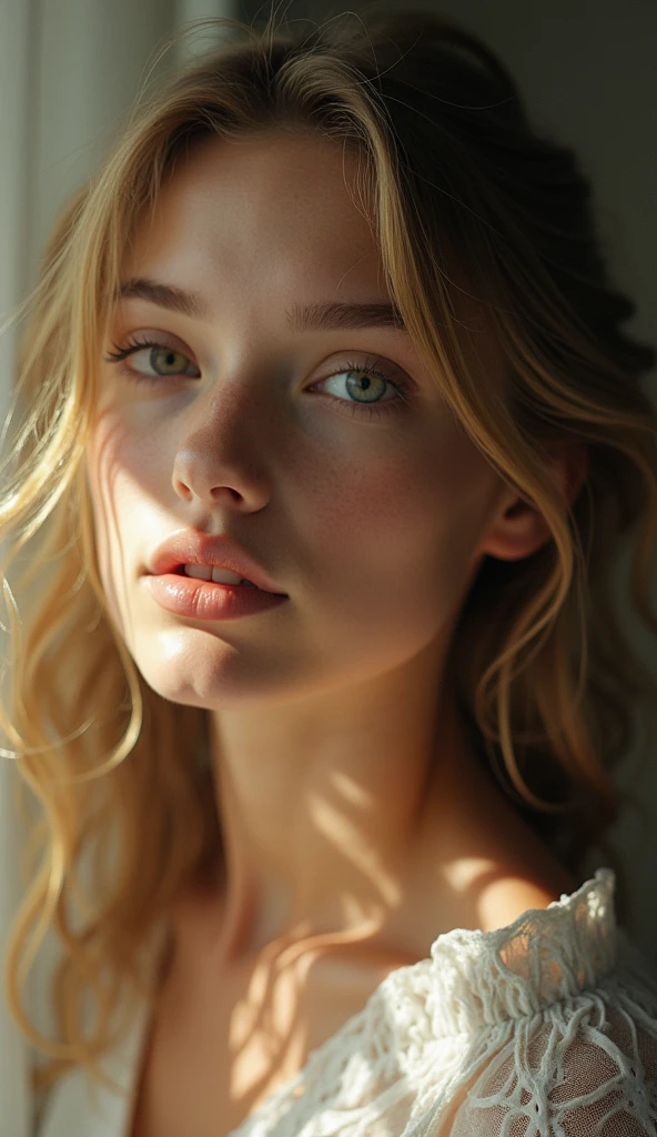 Stunning 20-year-old Christian influencer girl, photorealistic, looking directly at the viewer with a wistful expression, longing for divine connection, soft natural lighting, surrounded by ethereal elements, in the style of contemporary portrait photography, emphasizing emotion and depth.