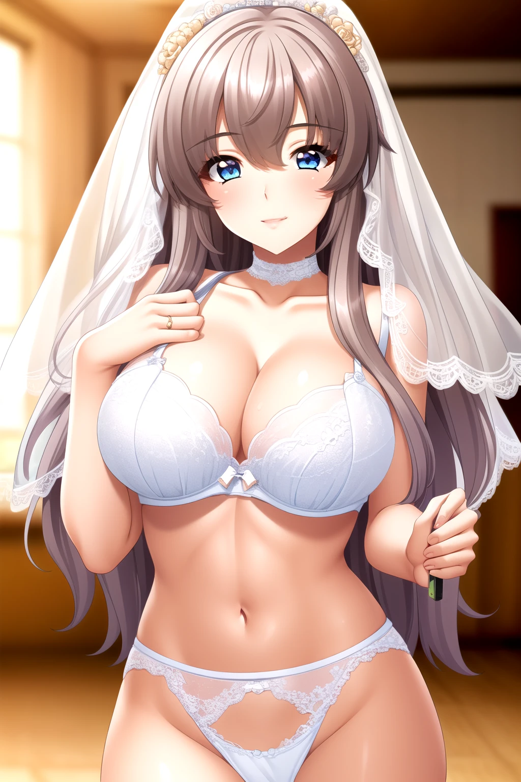 Bride, veil,  white bra, white lace, white panty, 1 Girl,20 years old, Young women,Fair Finger,Fair long legs,Fair Body,Fair Nose,Fair character design, Perfect eyes, perfect Face,Expressive eyes, Looking at the audience,(lead_Body),(Focus on her Face), Official Art,Extremely detailed CG unity 8k wallpaper, Perfect Lighting,rich and Farbeful, bright_front_Face_Light,Light skin, (masterpiece:1.0),(the best_quality:1.0), Ultra-high resolution,4K,Very detailed, photography, 8k, Human Development Report, high resolution, absurdes:1.2, Kodak Portrait 400, Film Grain, Blurred background, bokeh:1.2, Lens Light Halo, (Energetic_Farbe:1.2) (Fair,Target_Chest:1.3), (Fair_Face:1.5),(narrow_waist)Smile, 