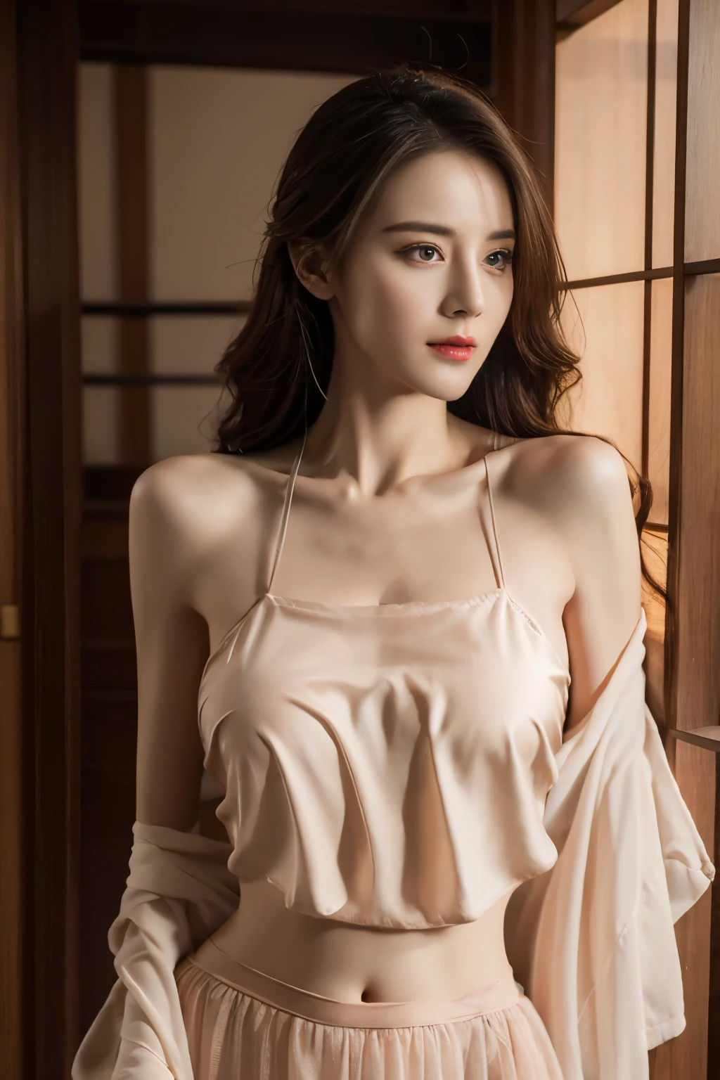original photo,best quality),(lifelike,照片lifelike:1.3),best quality,Very detailed,masterpiece,超Detail level,illustration,1 girl,Dominant_Body,Large Breasts,Bigger breasts,Slim waist,Tight abdomen,Sexy navel,细long双腿,Dynamic Angle,World Masters Theatre,messy_long_hair,best quality,Extremely detailed CG unified 8k wallpaper,,Astonishing,Light,lens_Flare,Dunhuang_style,Real People,Highly detailed face and skin texture, Exquisite eyes,Surrealism,超lifelike的照片,Very detailed CG unified 8k wallpaper,(masterpiece),(best quality),(Very detailed),(超lifelike的照片),(Best Character Detail:1.36),脸Dominant有Light, 灯Light,illustration, Very detailed,Detail level, high resolution, Very detailed, best quality, masterpiece