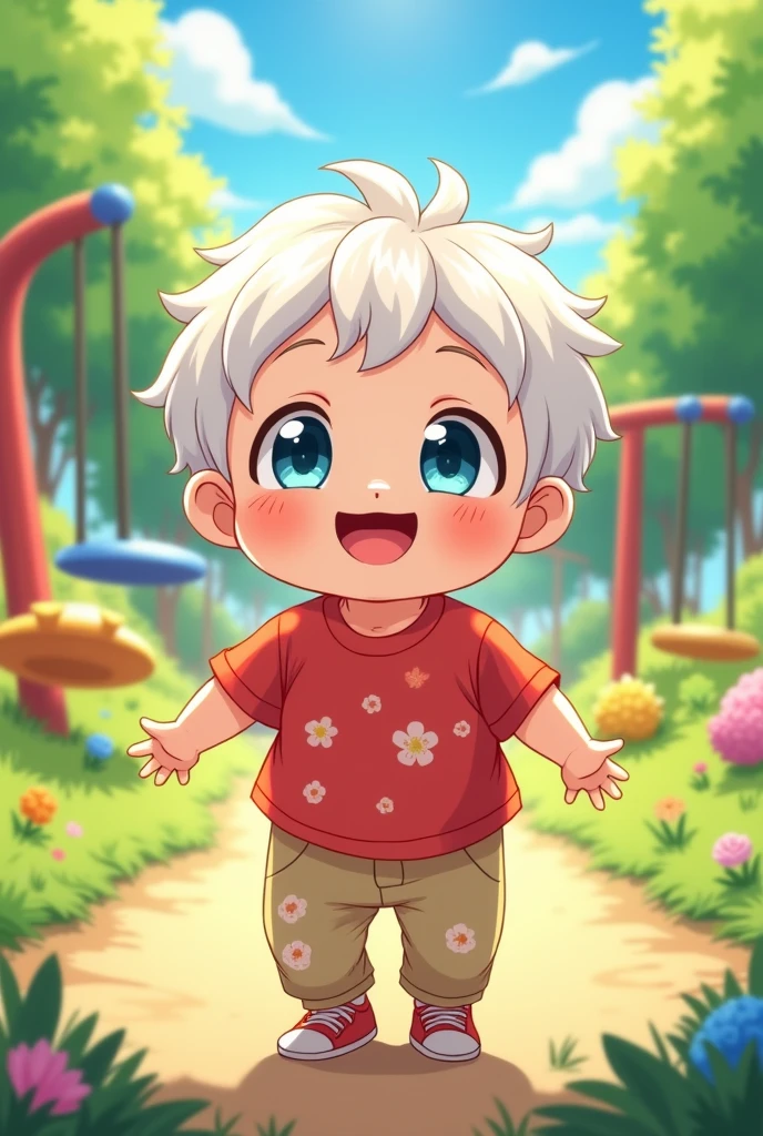 Create a 2-year-old with white hair, blue eyes, a red shirt, and beige pants in an anime style.