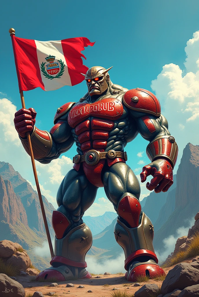 Strong VICKVAPORUB can with muscles and red eyes,  On his chest he wears the name VICKVAPORUB and in one hand he carries the flag of Peru. 
