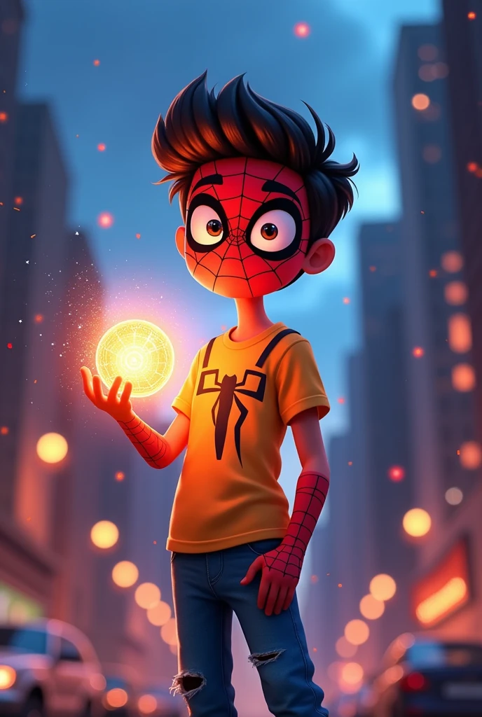 Animated boy with a fringe haircut, holding a power in his hand, wearing a Spiderman mask over his entire face, and casual clothing. 