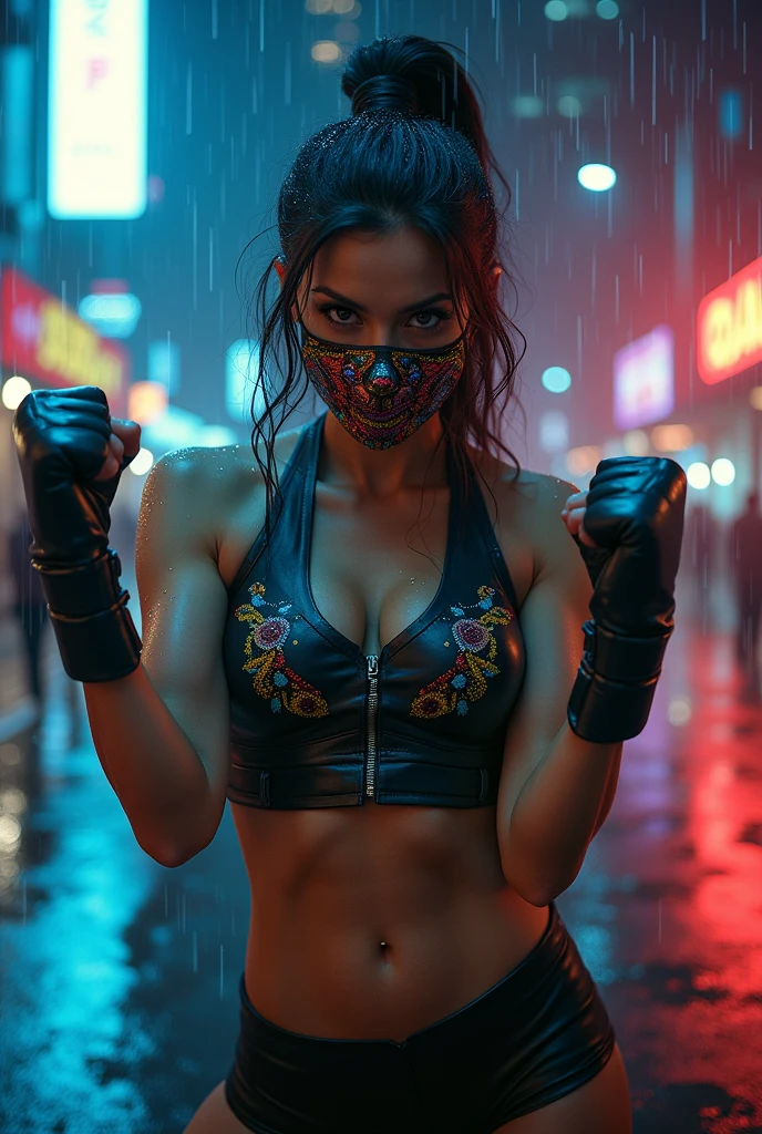I draw a woman with a mask punching