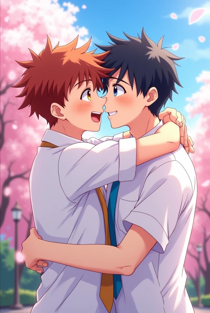 Two teenage boys hugging,with a tie and white shirt, anime style, laughing about to kiss 