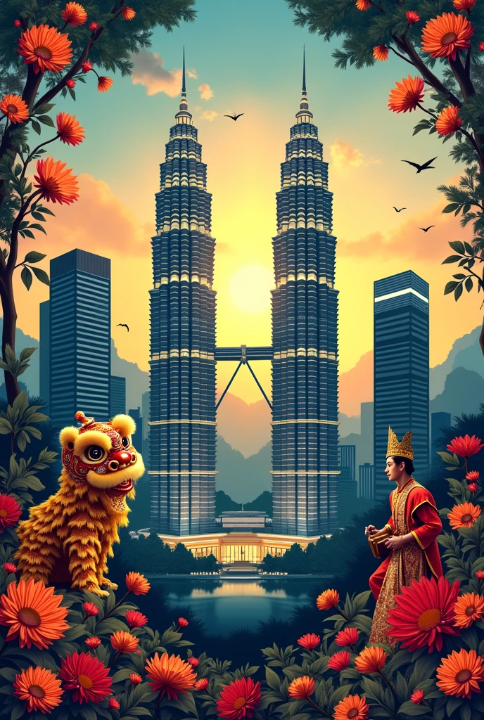 Poster, klcc, veena, lion dance, wayang kulit, Bunga Raya and mountain